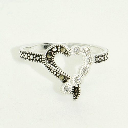 Fekete-fehér szív ezüst gyűrű markazittal